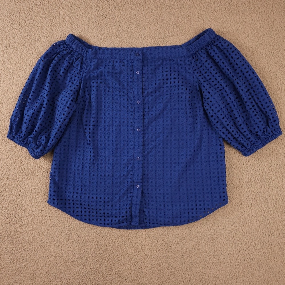 Lauren Ralph Lauren Shirt Womens Large Blue Eyelet Off The Shoulder Button Top - Picture 2 of 12
